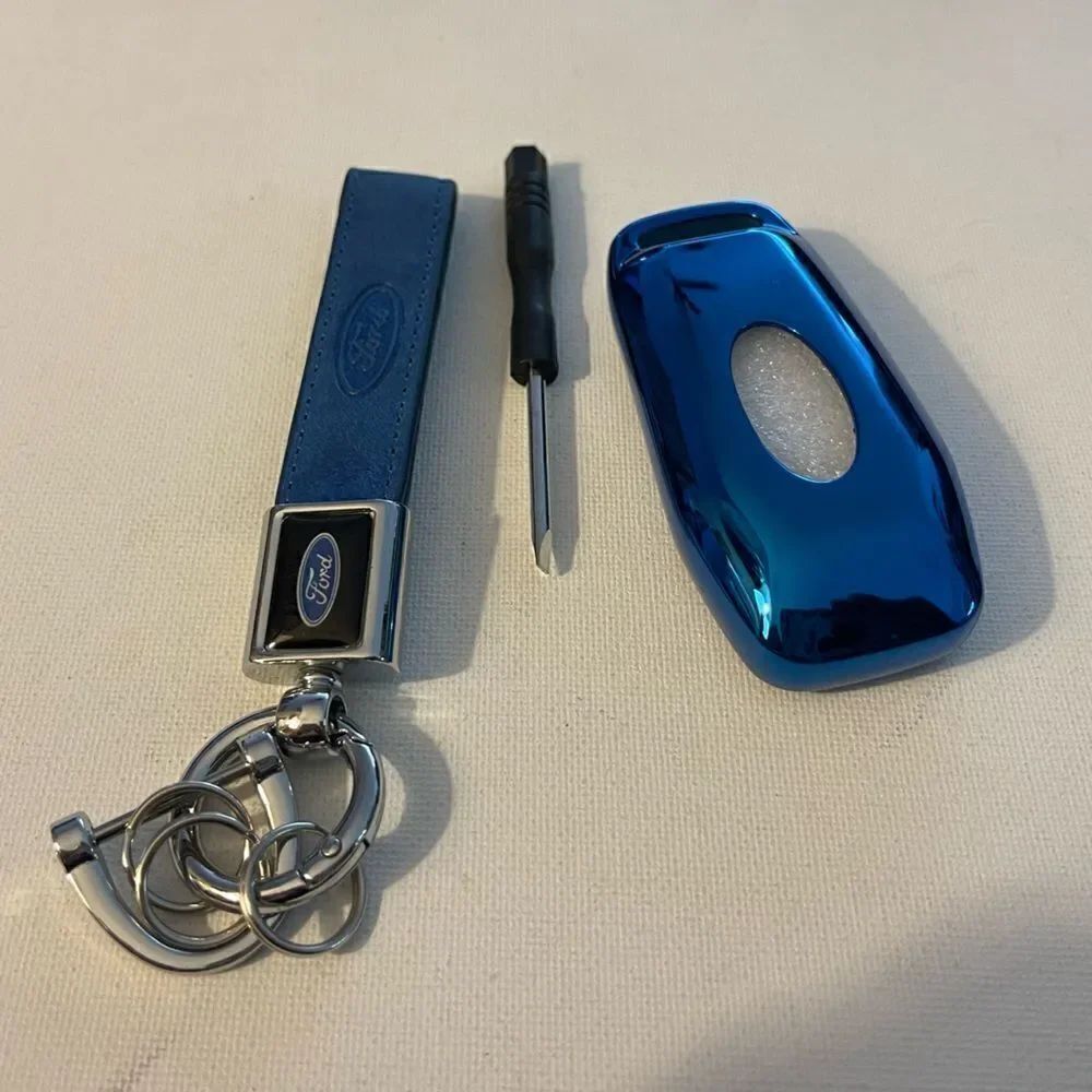 Ford Key Fob Keychain in Blue Leather and Fob Case Cover in Blue NWT